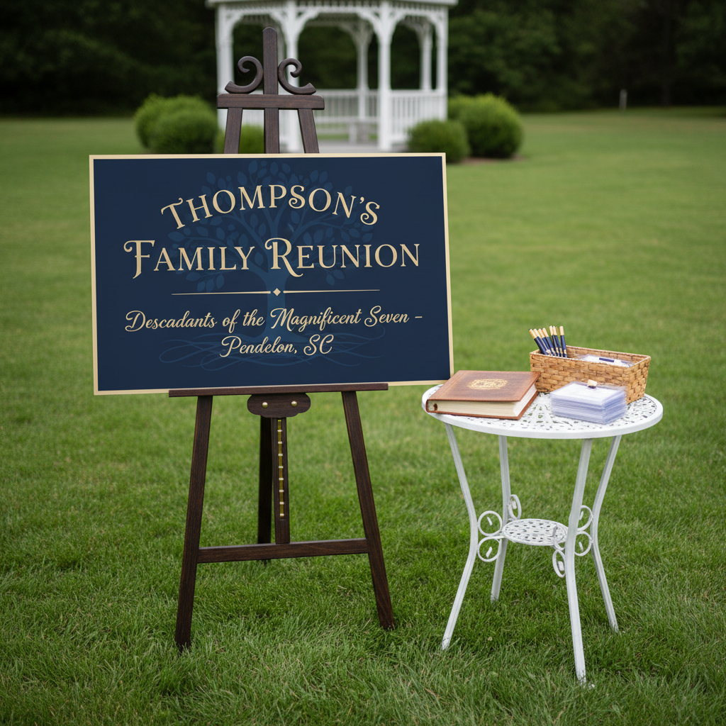 An elegant outdoor welcome station for Thompson’s Family Reunion, featuring a dark-stained wooden easel holding a professionally printed reunion sign with refined typography, a subtle family tree watermark, and the words “Descendants of the Magnificent Seven – Pendleton, SC.” Beside it sits a vintage-style guestbook on a small bistro table, along with neatly arranged name tag holders and a basket of navy and gold pens. The scene is set on a manicured lawn with a white gazebo softly blurred behind. Overcast daylight creates even, diffused lighting with minimal harsh shadows, reinforcing a calm, organized atmosphere. Shot from a slightly elevated angle with photographic realism, the composition centers the sign while allowing surrounding details to frame it naturally, projecting a professional yet warm reunion feel without any human presence.