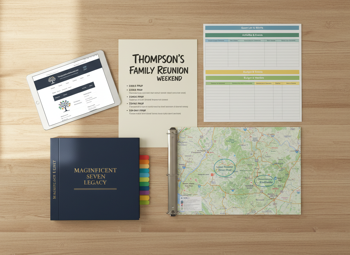 A detailed flat-lay arrangement of family reunion planning materials on a smooth, light oak table: a printed schedule labeled “Thompson’s Family Reunion Weekend,” color-coded spreadsheets, a map of Pendleton, South Carolina with important locations circled, and a tablet displaying a clean, modern reunion website homepage. Nearby, a navy blue three-ring binder embossed with “Magnificent Seven Legacy” lies partially open with neatly tabbed sections. Soft window light from the left creates gentle highlights on the paper edges and subtle shadows that add depth without distraction. Captured from a true bird’s-eye view with sharp focus across the frame, the composition is tidy and thoughtfully arranged. The overall mood is organized, purposeful, and professional, rendered in photographic realism to visually communicate the careful planning behind the event.