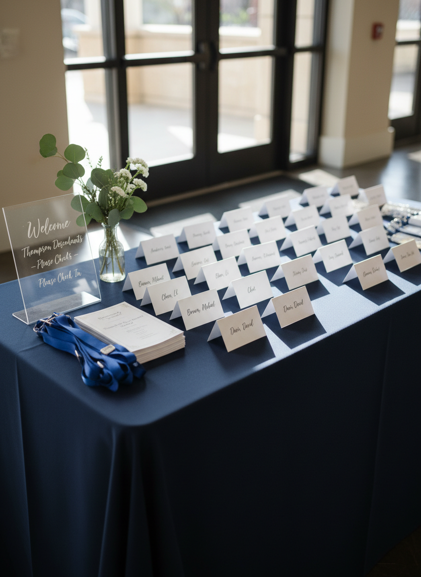 A meticulously organized check-in table for Thompson’s Family Reunion, featuring alphabetized, tented place cards arranged in precise rows on a navy-blue linen cloth. A sleek acrylic sign with white lettering reads “Welcome, Thompson Descendants – Please Check In,” next to a tidy stack of printed itineraries and lanyards with blank badge holders. A small vase holds a simple greenery arrangement, adding a fresh touch without distraction. The table is positioned near a bright entryway with glass doors, allowing soft natural light to wash over the scene, creating clean highlights and minimal shadows. Photographed from a slightly elevated angle using a shallow depth of field, the front row of name cards is sharply in focus while the background gently blurs. The mood is professional, efficient, and warmly anticipatory, presented in crisp photographic realism.