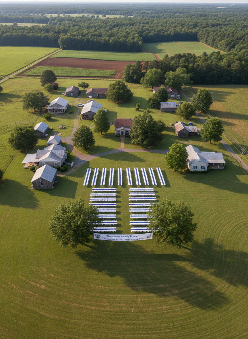 An aerial, photographic-realism view of a beautifully maintained family property in the countryside near Pendleton, South Carolina, captured without any people. Several modest homes and outbuildings form a loose cluster around an expansive central yard, where long folding tables with white cloths and navy runners are neatly arranged in rows. A large banner stretched between two trees reads “Thompson’s Family Reunion – Descendants of the Magnificent Seven.” Late afternoon sunlight casts long, soft shadows from the trees and buildings, lending dimension to the rolling green lawn. The composition uses a high, bird’s-eye perspective, revealing both the organized event setup and the surrounding patchwork of fields and distant tree lines. The atmosphere is expansive, rooted, and proud, visually celebrating the family’s geographic and historical connection to Pendleton.