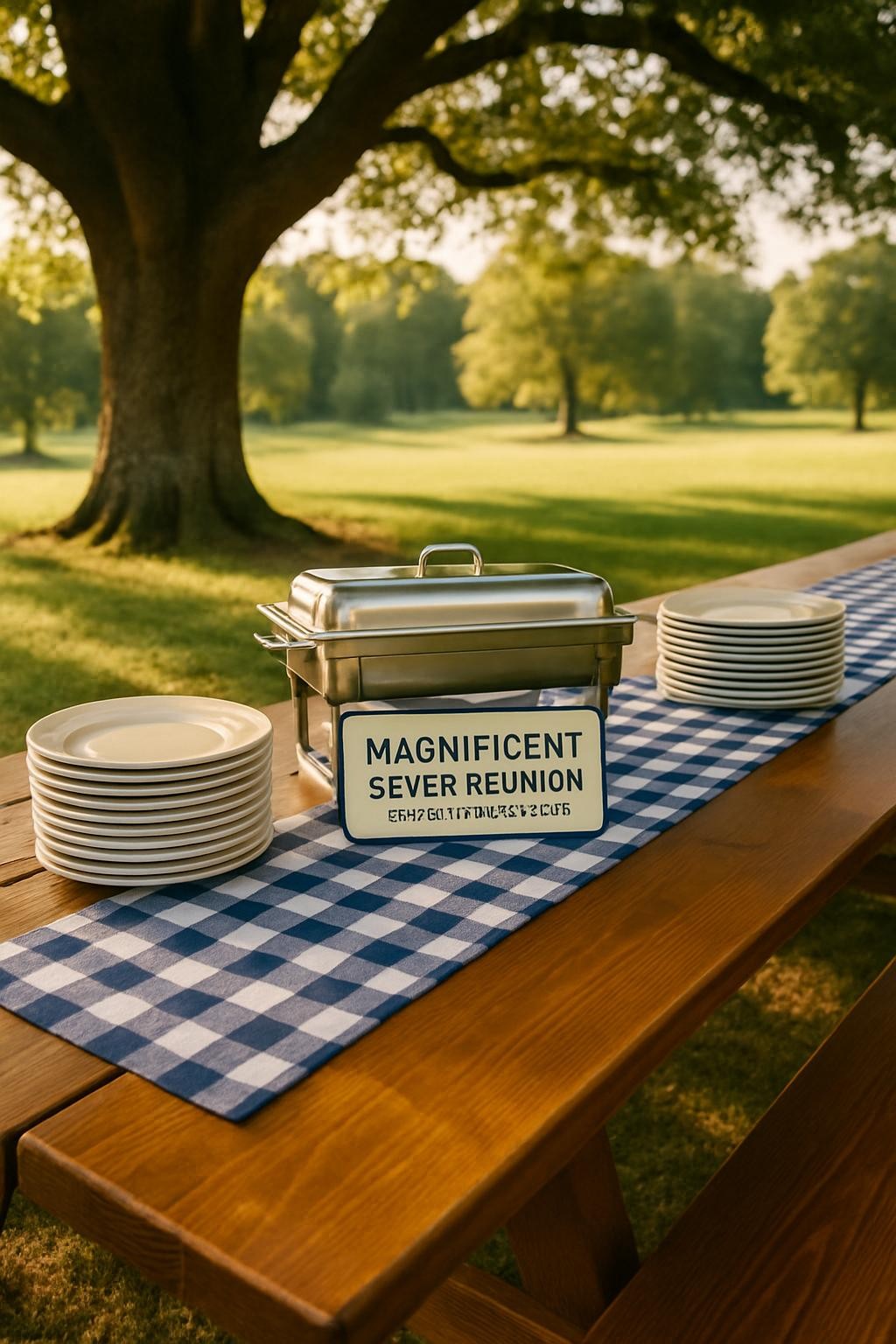 A polished wooden picnic table neatly set for a family reunion, featuring coordinated navy and white checkered table runners, stacks of ceramic plates, and gleaming stainless-steel serving trays labeled “Magnificent Seven Reunion.” The table stands beneath a broad oak tree in a well-kept park, with Pendleton, South Carolina’s gentle rolling greenery softly blurred in the background. Late afternoon golden-hour sunlight filters through the leaves, casting dappled highlights on the table surface and soft shadows on the grass. Photographed at eye level with a mild wide-angle lens, the composition uses the rule of thirds, drawing the eye toward the reunion signage. The mood is warm, organized, and welcoming, captured in clean, photographic realism suitable for a professional family event website.