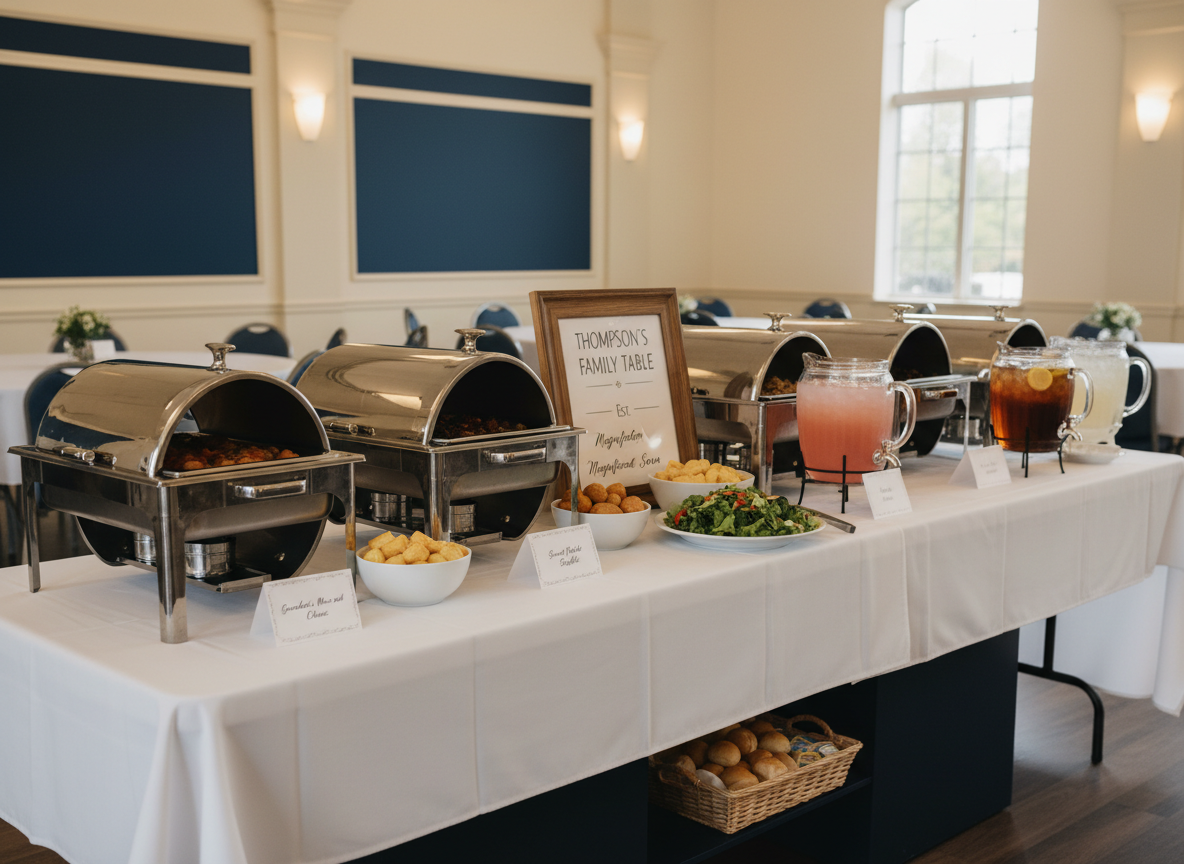 A long buffet table draped in a crisp white tablecloth, meticulously arranged for a Southern-style family reunion meal. Stainless-steel chafing dishes with polished lids reflect soft indoor lighting, each labeled with tasteful tent cards such as “Grandma’s Mac and Cheese” and “Pendleton Peach Cobbler.” At the center, a framed sign reads “Thompson’s Family Table – Est. Magnificent Seven,” flanked by glass pitchers of iced tea and lemonade with condensation beading on their surfaces. The setting is a bright community hall with neutral walls and subtle navy accents. Warm overhead lights provide even illumination, creating gentle highlights on metal surfaces and inviting shadows under the table. Photographed at a slightly elevated, three-quarter angle with a moderate depth of field, the mood is celebratory yet composed, in clean photographic realism suitable for a professional event site.